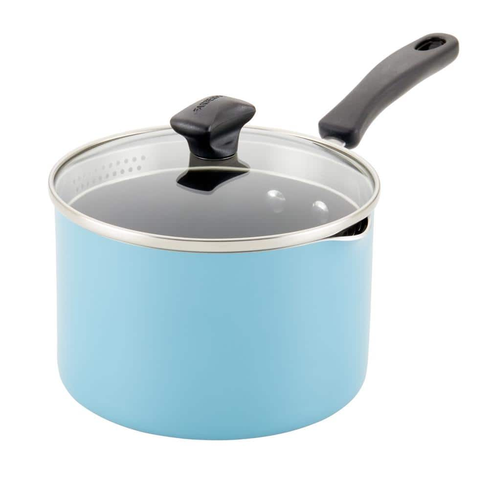 Farberware Cookstart 3 qt. Aluminum DiamondMax Nonstick Saucepan in Aqua with Straining Lid