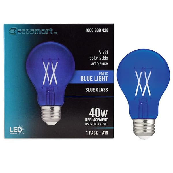 EcoSmart 40-Watt Equivalent A19 Dimmable Filament Blue Colored Glass LED Light Bulb (1-Pack)