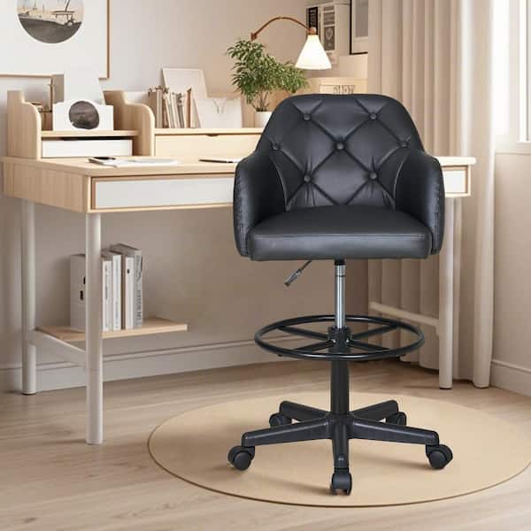 VECELO Premium Black Faux Leather Swivel Drafting Chair with Adjustable Height and Lumbar Support for Home Office Office Stool