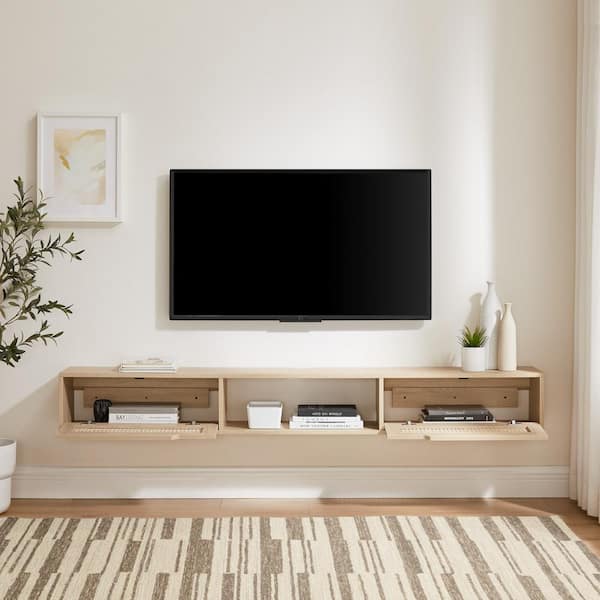 70 in. Modern Floating Coastal Oak Wood TV Stand with 2 Faux Rattan Doors (Max TV Size 80 in.)