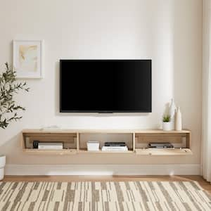 70 in. Coastal Oak Wood Modern Floating TV Stand with 2 Faux Rattan Doors Fits TVs up to 80 in.