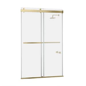 Spezia 56 in. W x 76 in. H Double Sliding Seimi-Frameless Shower Door in Brushed Gold with Clear Glass