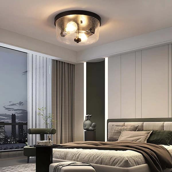 HKMGT 10.63 in. 2-Light Black Farmhouse Flush Mount with Seeded