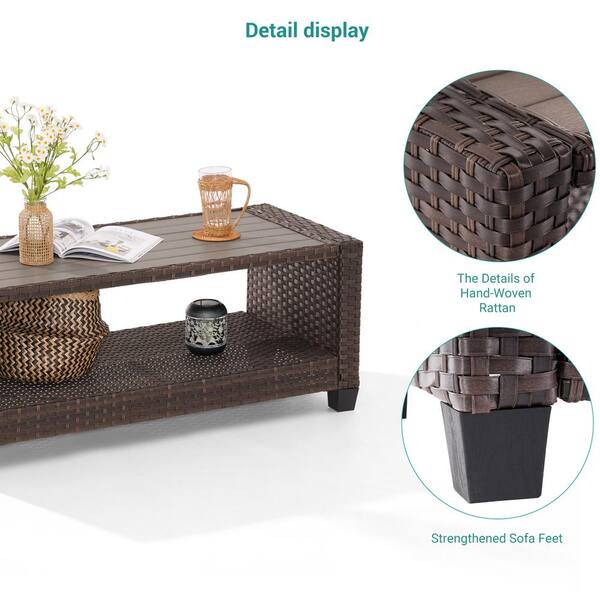 Sonkuki Outdoor PE Brown Wicker Coffee Table, Rectangular