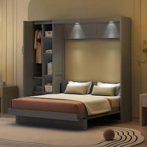 Nestfair Gray Wood Full Murphy Bed with Storage Wardrobe and LED Lighting