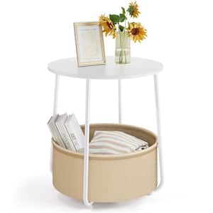 Round White Steel Side End Accent Table with Fabric Storage Basket for Living Room (19.29 in. W x 20 in. H)