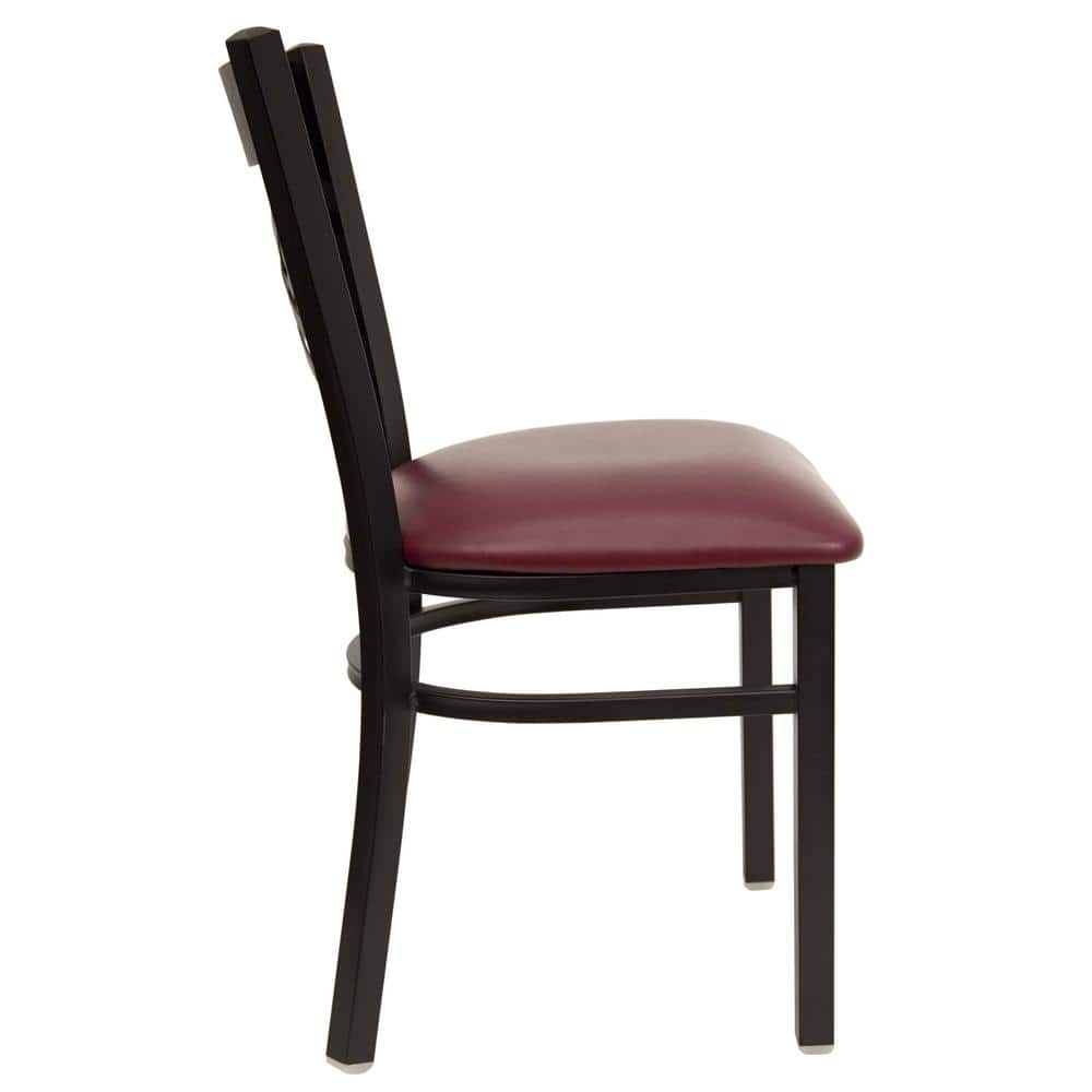 Elegant Burgundy Vinyl and Black Steel Cross Back Side Chair