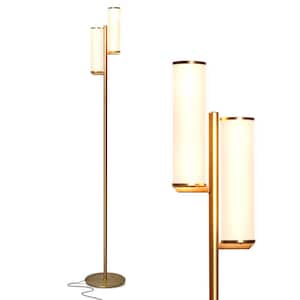 Gemini 64 in. Antique Brass Industrial 2-Light 3-Way Dimming LED Floor Lamp with 2 Frosted White Glass Cylinder Shades