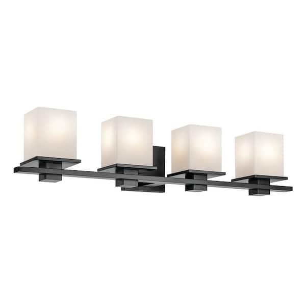 KICHLER Tully 32 in. 4-Light Black Soft Modern Bathroom Vanity Light with Etched Glass Shade