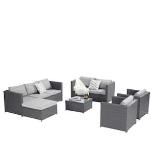 6-Piece Gray Rattan Wicker Outdoor Sectional Sofa Set with Light Gray pp Cushions, Ottoman for Porch, Backyard