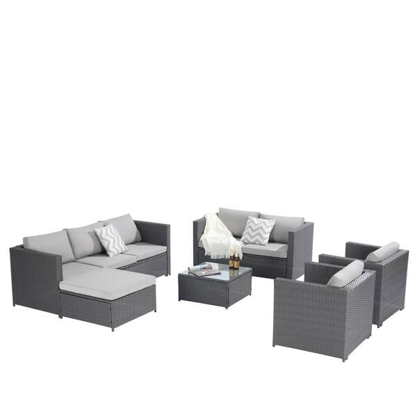 Zeus & Ruta 6-Piece Gray Rattan Wicker Outdoor Sectional Sofa Set with Light Gray pp Cushions, Ottoman for Porch, Backyard