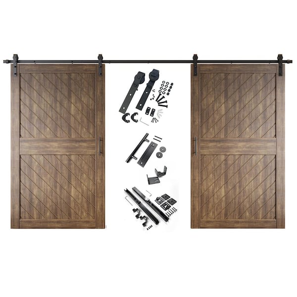 HOMACER XT2 42 in. x 84 in. C-Panel Dark Walnut Slanted Stripe Design Double Pine Wood Sliding Barn Door with Hardware Kit