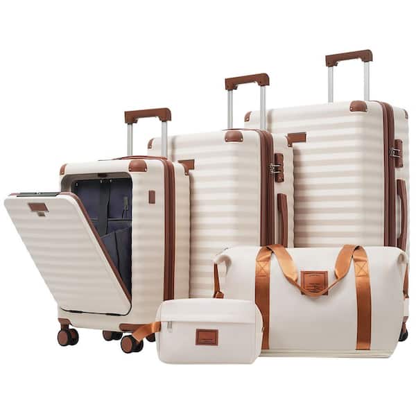 5-Piece Brown/White ABS Hardside Luggage Set with Front Opening,Double Spinner Wheel,USB Port and TSA Locks