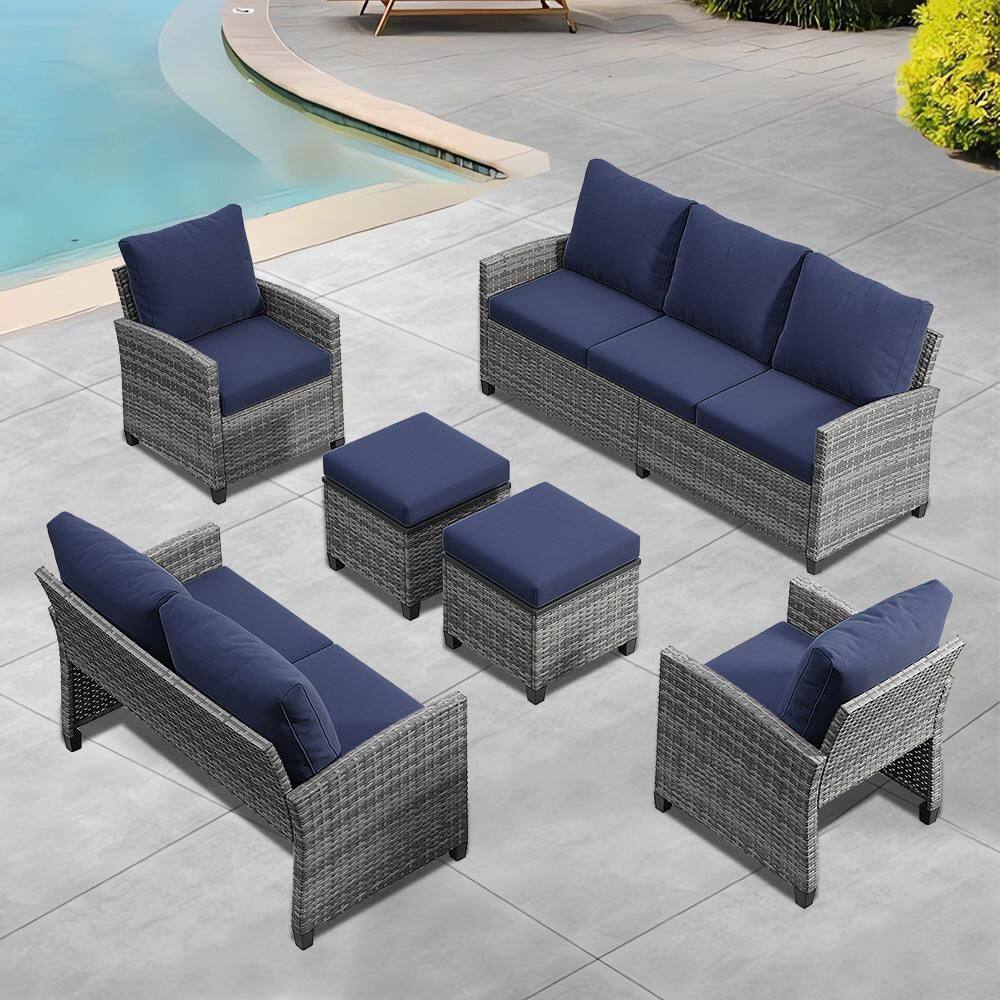 6-Pieces Wicker Patio Conversation Set with Blue Cushions, Outdoor Sectional Sofa for Backyard Garden price history on PriceWatchPro