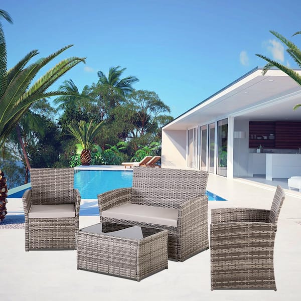 Unbranded Grey 4-Piece Wicker Outdoor Patio Sectional Sofa Set with Grey Cushions, 1 Coffee Table and 1 Loveseat, for Backyard