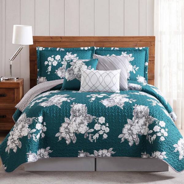 Style 212 Peony Garden Floral Gray and Teal 6 Piece Queen Quilt Set