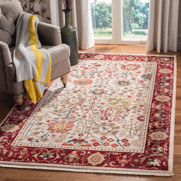 Kashan Ivory/Red 9 ft. x 12 ft. Floral Border Area Rug