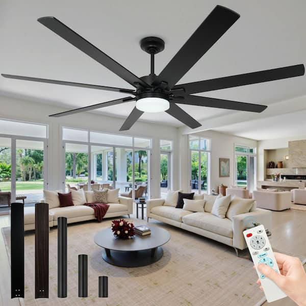 72 in. Indoor/Outdoor Black Large Standard Ceiling Fans with Lights and Remote, Downroad Mount, 8-Plywood Blades