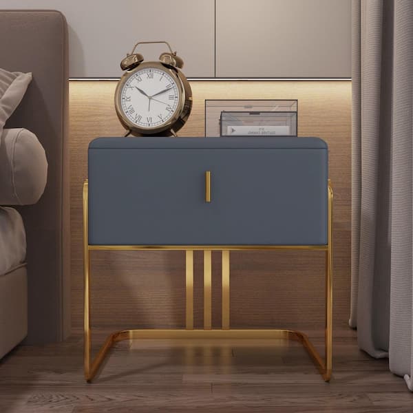1-Drawer Gray PU Leather Nightstand Bedside Table 19.69 in. H x 19.69 in. W x 15.75 in. D with Metal Legs