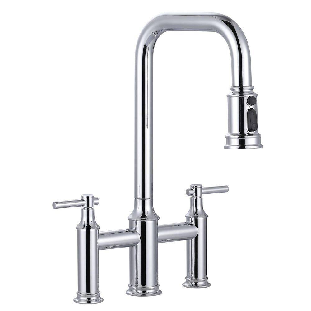 Double Handle Bridge Kitchen Faucet with 360° Spout Swivel in Polished Chrome price history on PriceWatchPro