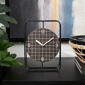7 in. x 10 in. Black Metal Geometric Open Frame Clock with Grid Patterned Clockface