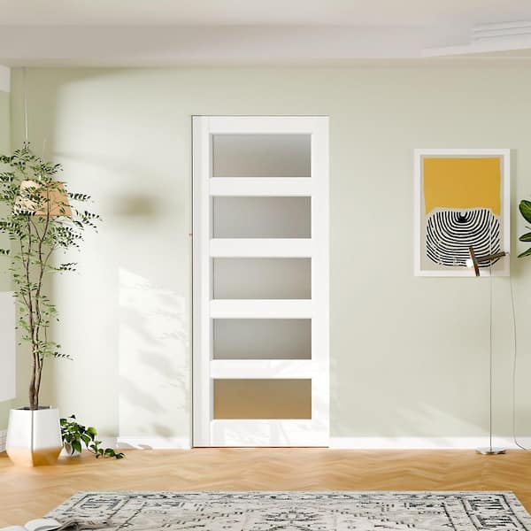 32 in. x 80 in. 5 Lite Frosted Glass, Solid Core, DIY Painted, White Primed, MDF Sliding Door with All Hardware