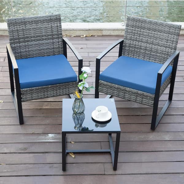 TIRAMISUBEST 3-Pieces PE Wicker Metal Outdoor Conversation Set with Blue Cushions and Table