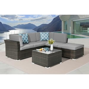 4-Pieces Rattan Wicker Outdoor Sofa Set Patio Conversation Furniture with Gray Cushions and Coffee Table