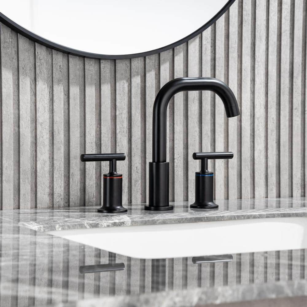 Modern 8 in. Widespread 3-Hole 2 Handle High Arc Bathroom Sink Basin Faucet with Valve and Pop-Up Drain in Matte Black price history on PriceWatchPro