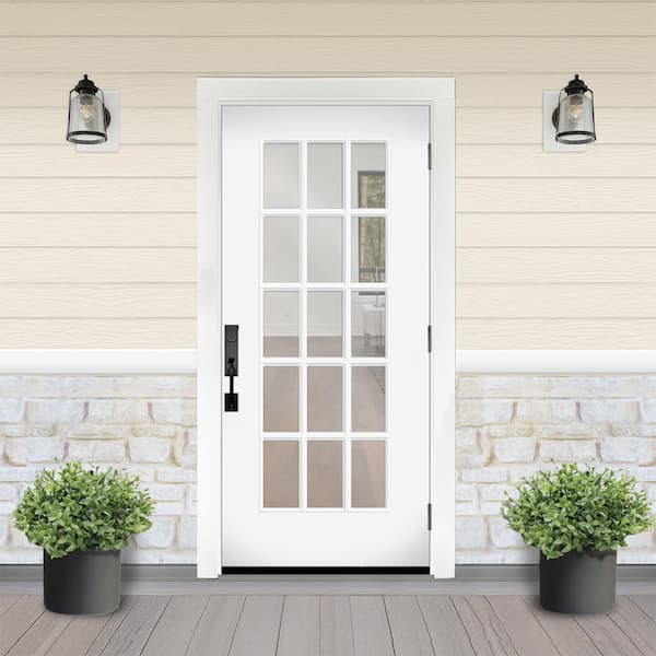 Reliant 32 in. x 80 in. Full Lite 15L SDL Clear Glass LHOS Unfinished White Fiberglass Prehung Front Door 6-9/16 Jamb