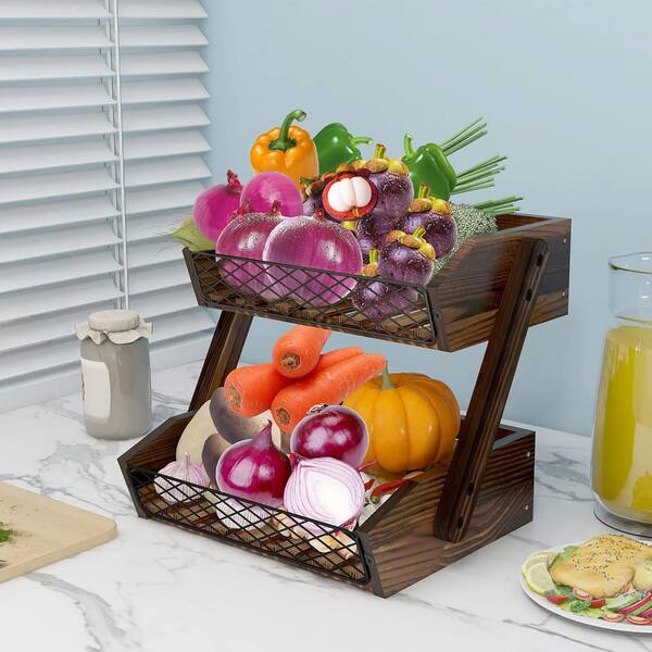 2-Tier Wooden Fruit Basket With Hook - Kitchen Counter Organizer For Fruits & Veggies