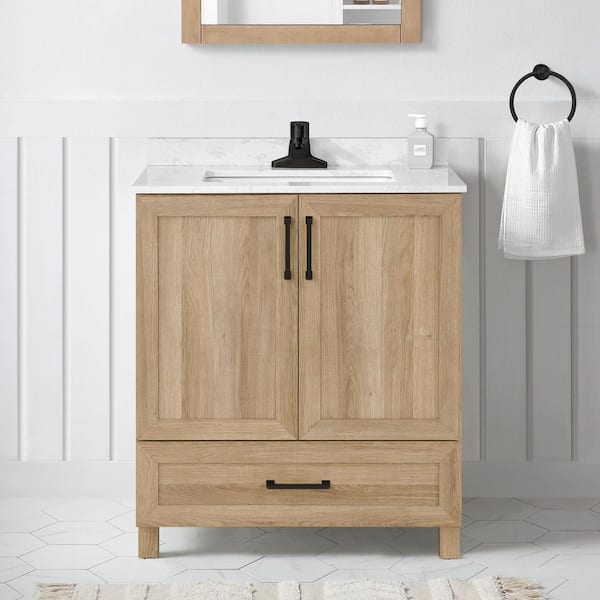 Tobana 30 in. Single Sink Weathered Tan Bath Vanity with White Engineered Marble Top (Assembled)