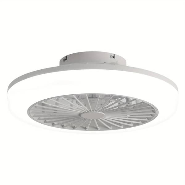 18 in. Indoor White Low Profile Flush Mount Enclosed Caged Ceiling Fan with LED Light and Remote Control