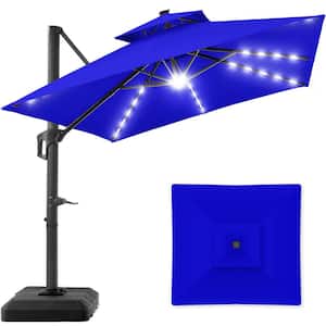 10 ft. Solar LED 2-Tier Square Cantilever Patio Umbrella Base Included in Resort Blue