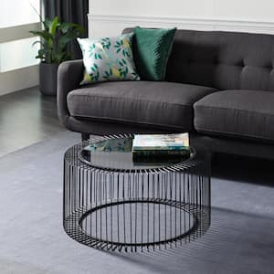 32 in. Black Round Open Wire Frame Glass Top Coffee Table