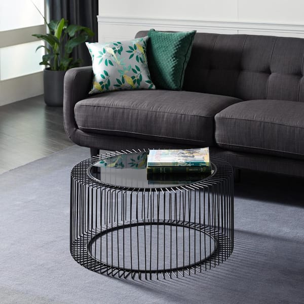 32 in. Black Round Open Wire Frame Glass Top Coffee Table