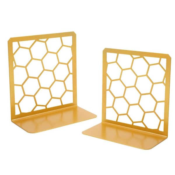 Gold 6 in. x 6.3 in. Metal Geometric Honeycomb Design Bookend, 1-Pair