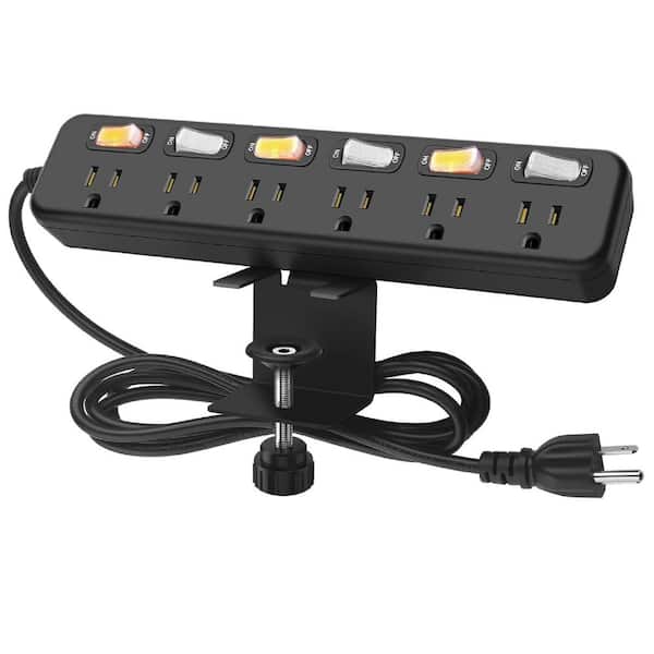 6-Outlet Wall Mount Desk Power Strip with Individual Switches, Clip on 1.7 in. Clamp Outlet Strip Surge Protector 800J