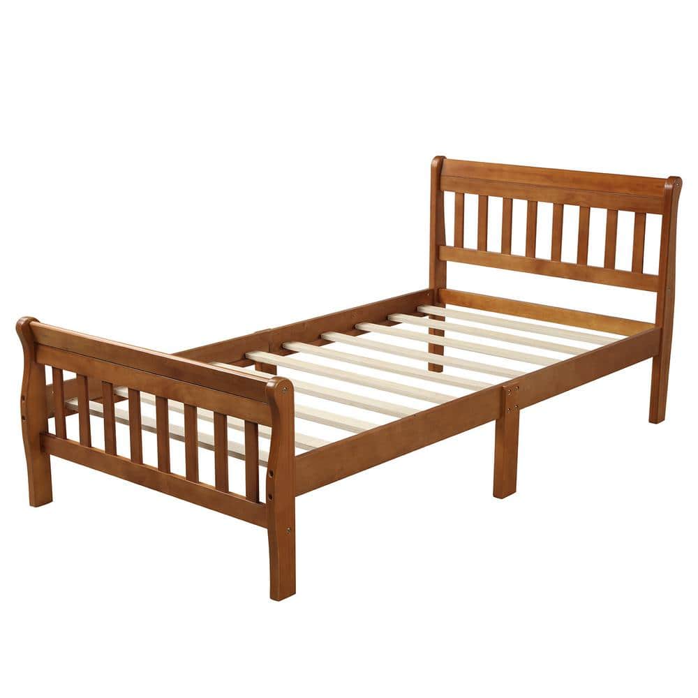 URTR Oak Wood Twin Platform Bed Frame with Headboard and Footboard, Sleigh Bed with Slat Support, No Box Spring Needed, Brown -  T-01027-L