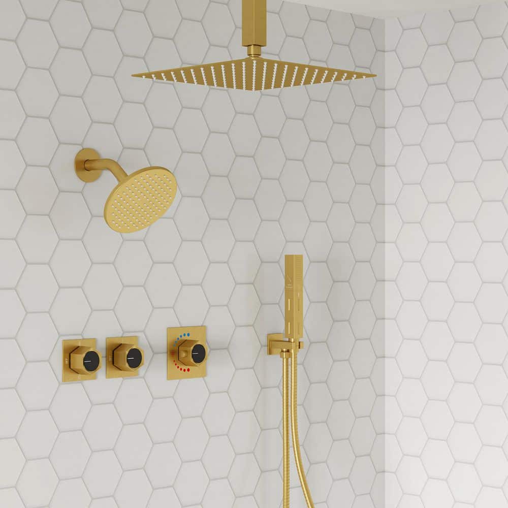 YAWWALK 3-Handles Thermostatic Valve 5-Spray 12 and 6 in 2.5 GPM