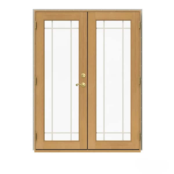 JELD-WEN 60 in. x 80 in. W-2500 Desert Sand Clad Wood Right-Hand 9 Lite French Patio Door w/Stained Interior