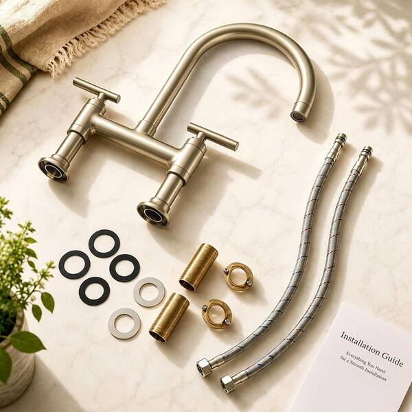 BWE Double-Handle Bridge Kitchen Faucet with 360° Swivel Spout and