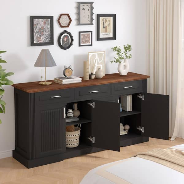 Black 63 in. Fluted Sideboard Buffet Cabinet w/ Storage,Accent Storage Modern Coffee Bar Station with 4 Doors& 3 Drawers