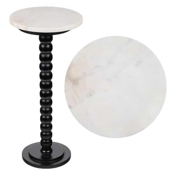 Monroe 10 in. Rustic Farmhouse Spindle Wood Drink Table with White Marble Round Top, Black