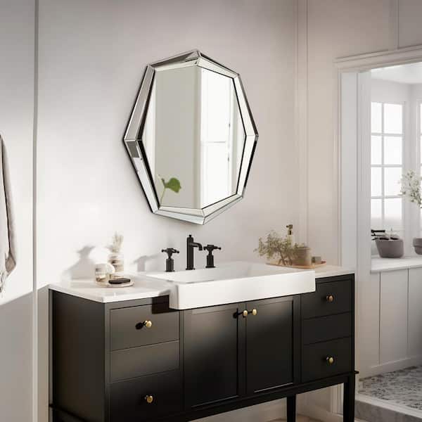 Silver 35.4 in. W x 35.4 in. H Modern Octagon with Beveled Mirror Frame