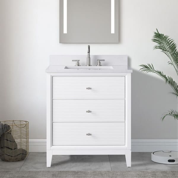 30 in. W Single Sink Freestanding White Bath Vanity Cabinet with Ariston White Engineered Marble Top