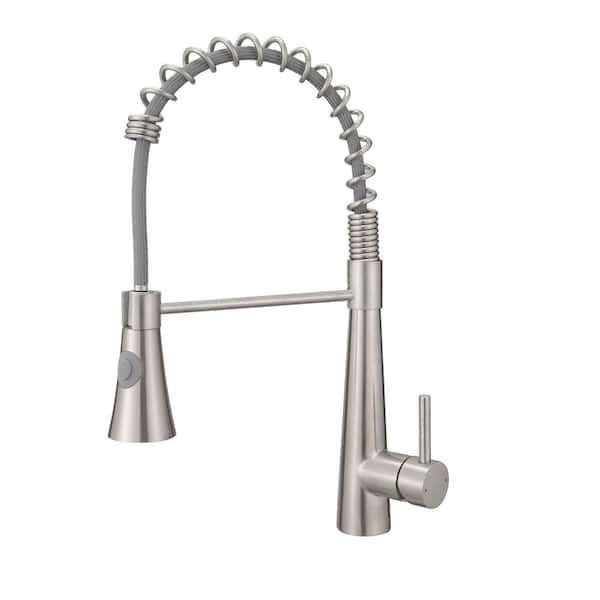 Brushed Nickel Single Handle 15.2 In Pull Down Sprayer Kitchen Faucet with 360° Swivel Spout 1 Hole Kitchen Sink Taps