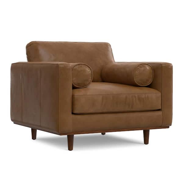 Morrison 43 inch Wide Mid-Century Modern Accent Chair in Caramel Brown Top Grain Genuine Leather