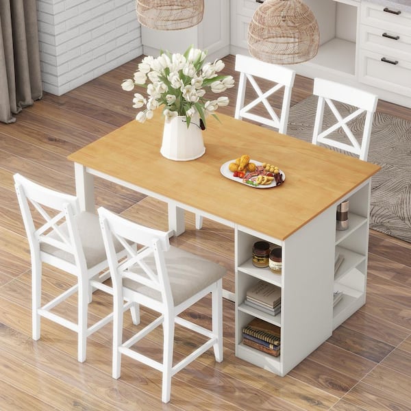 5-Piece Farmhouse Natural/White Wood Top Dining Room Set Seats 4