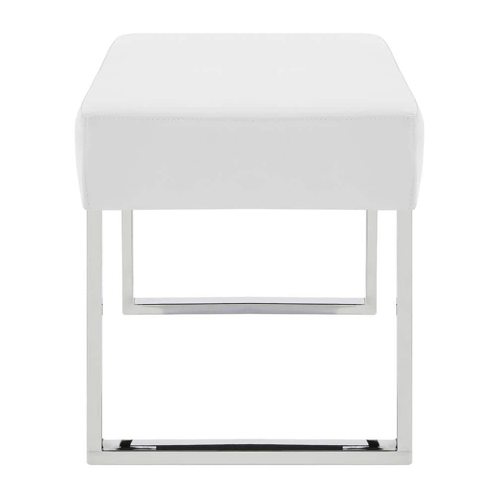 Modern White 48" Faux Leather Bench with Chrome Metal Frame